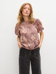 Oliver Bonas Brown Animal Print Puff Sleeve Top - Image 1 of 7