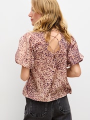 Oliver Bonas Brown Animal Print Puff Sleeve Top - Image 2 of 7