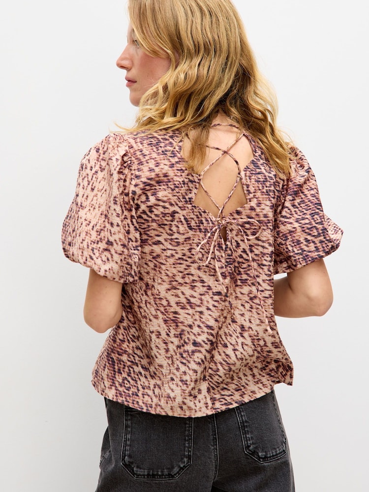 Oliver Bonas Brown Animal Print Puff Sleeve Top - Image 2 of 7