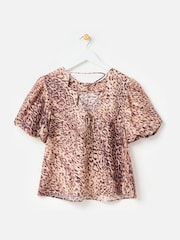 Oliver Bonas Brown Animal Print Puff Sleeve Top - Image 4 of 7