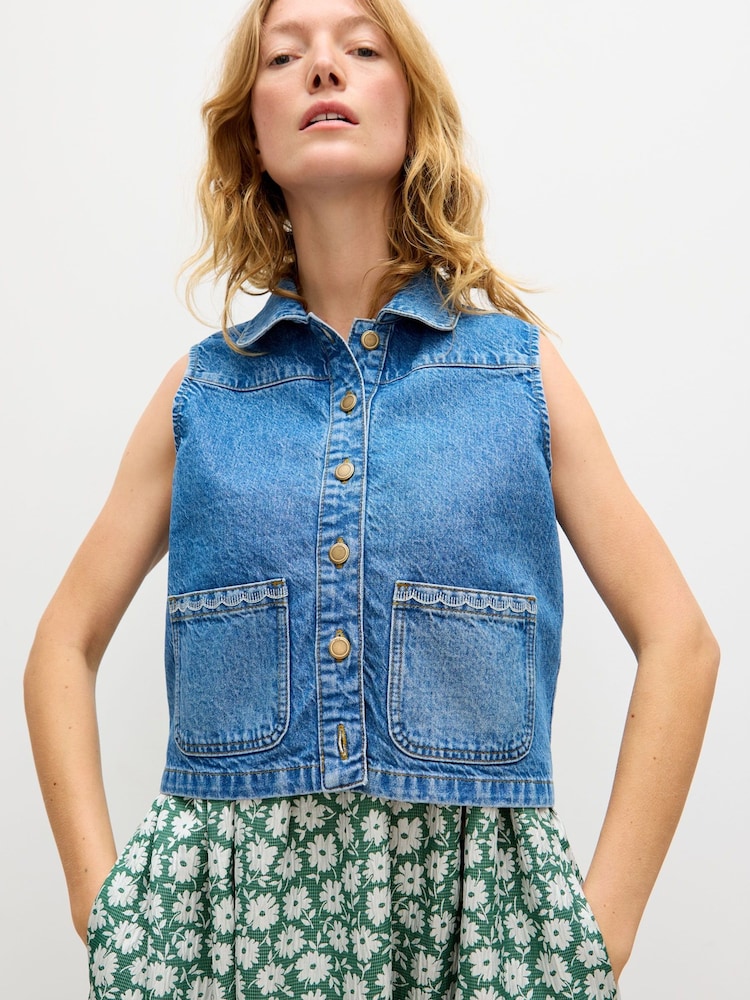 Oliver Bonas Blue Collared Denim Waistcoat - Image 1 of 7