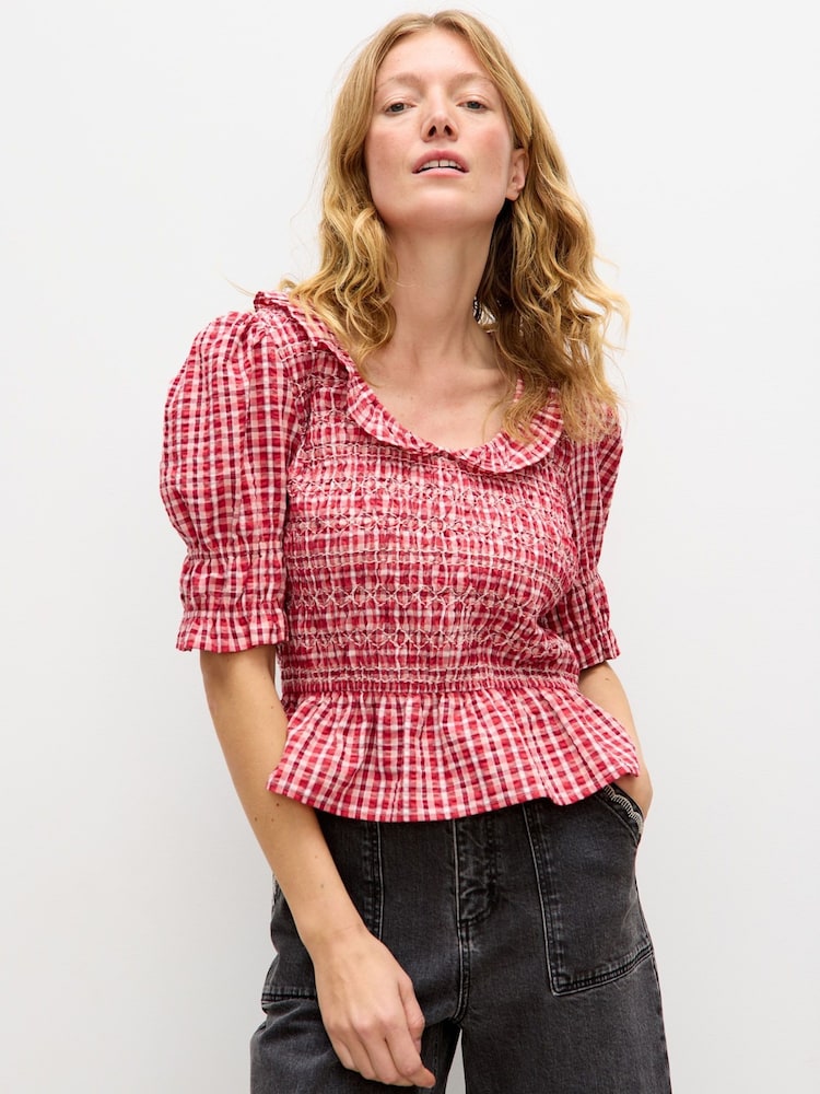 Oliver Bonas Red Gingham Shirred Puff Sleeve Collared Blouse - Image 1 of 8 Oliver Bonas Red Gingham Shirred Puff Sleeve Collared Blouse - Image 1 of 8