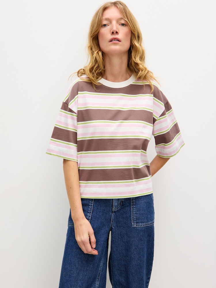 Oliver Bonas Pink Chocolate Brown Striped T-Shirt - Image 1 of 7 Oliver Bonas Pink Chocolate Brown Striped T-Shirt - Image 1 of 7