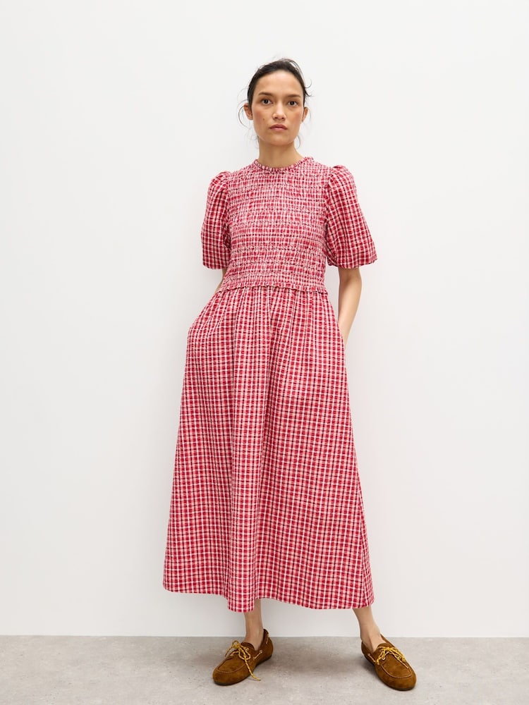 Oliver Bonas Gingham Shirred Bodice Puff Sleeve Midi Dress - Imagem 1 de 7