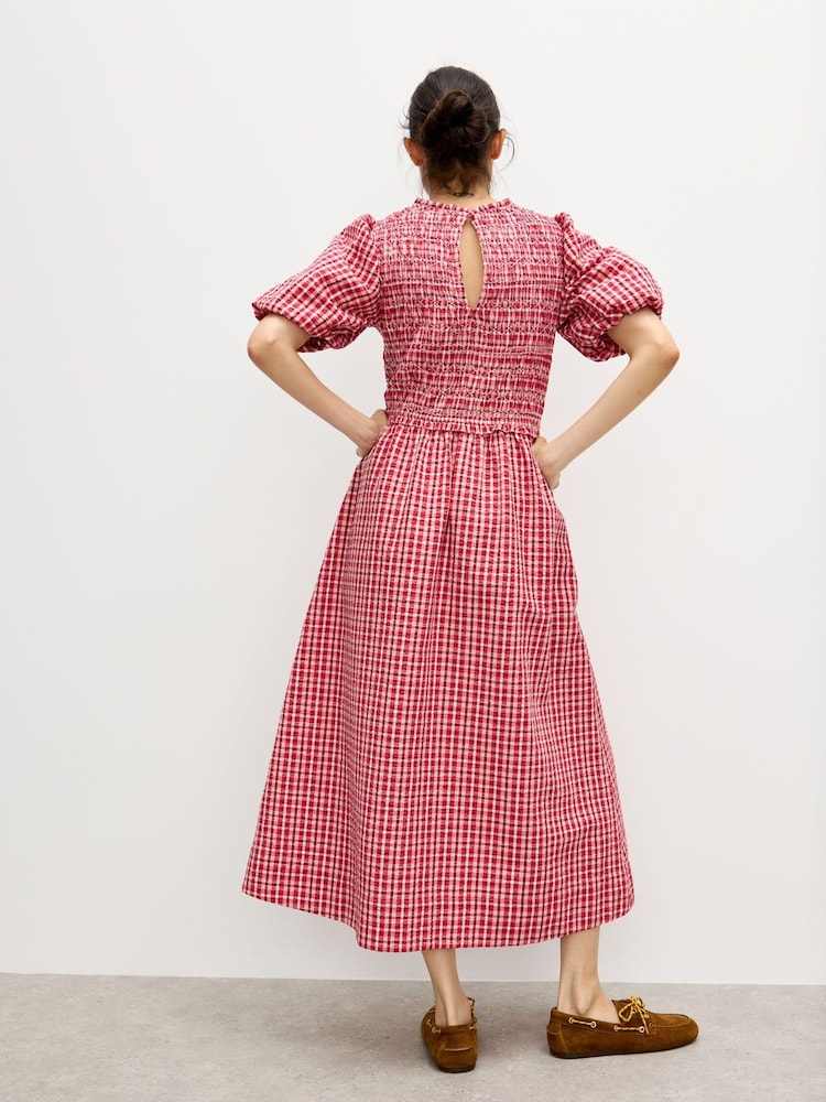 Oliver Bonas Gingham Shirred Bodice Puff Sleeve Midi Dress - Imagem 2 de 7