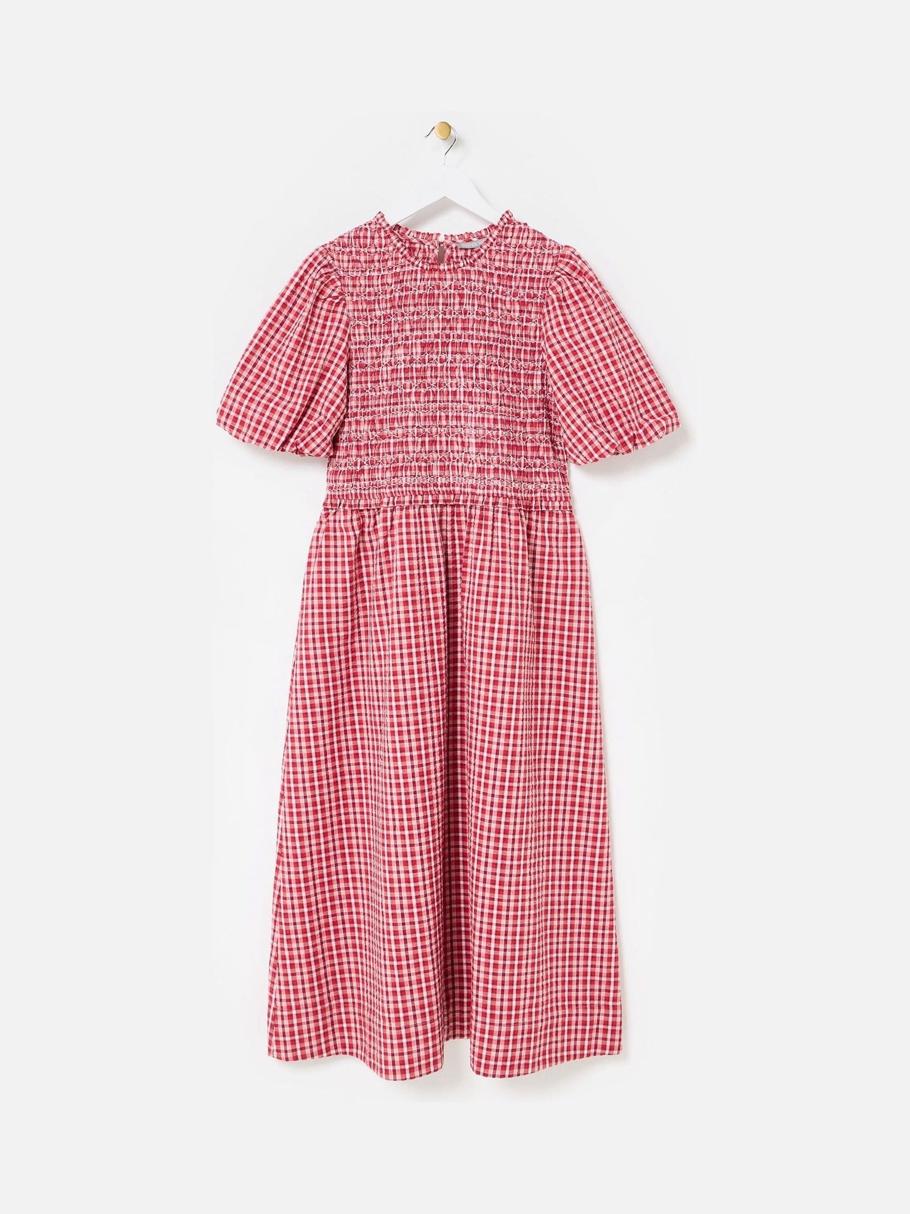 Buy Oliver Bonas Red Gingham Shirred Bodice Puff Sleeve Midi Dress
