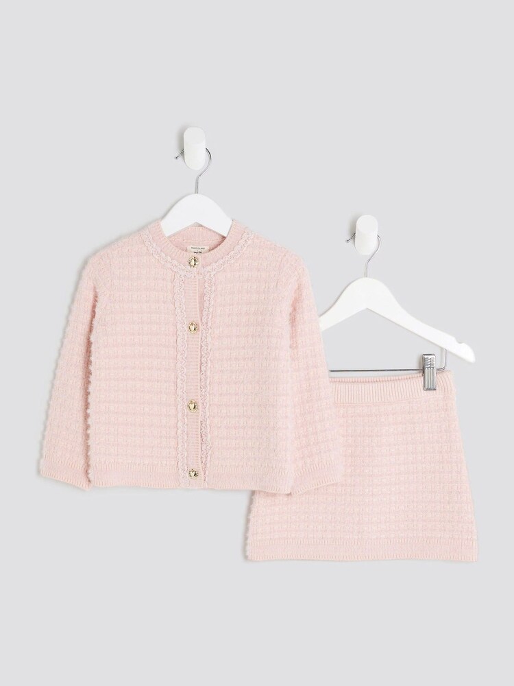 River Island Pink Fluff Boucle Cardigan Set - Image 1 of 6