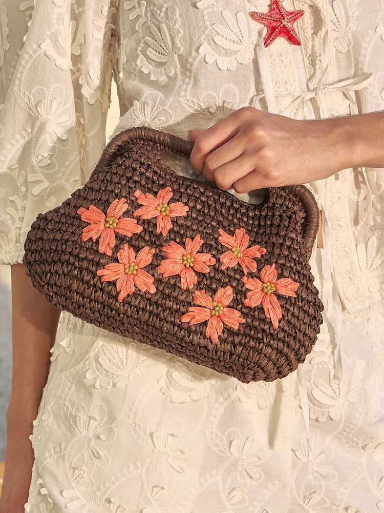 Love & Roses Chocolate Brown Floral Raffia Top Handle Clutch Bag - Image 2 of 5 Love & Roses Chocolate Brown Floral Raffia Top Handle Clutch Bag - Image 2 of 5