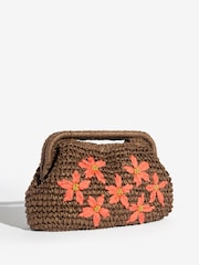 Love & Roses Chocolate Brown Floral Raffia Top Handle Clutch Bag - Image 4 of 5