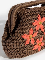 Love & Roses Chocolate Brown Floral Raffia Top Handle Clutch Bag - Image 5 of 5