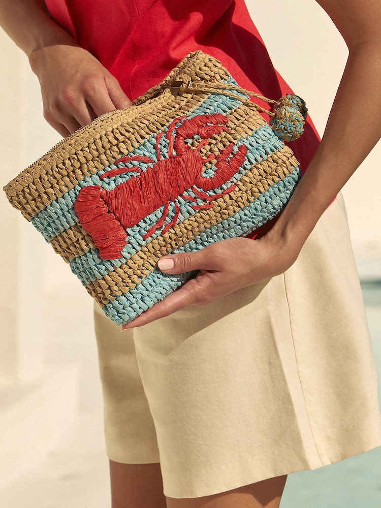 Love & Roses Light Blue Lobster Embroidered Raffia Clutch Bag - Image 1 of 6