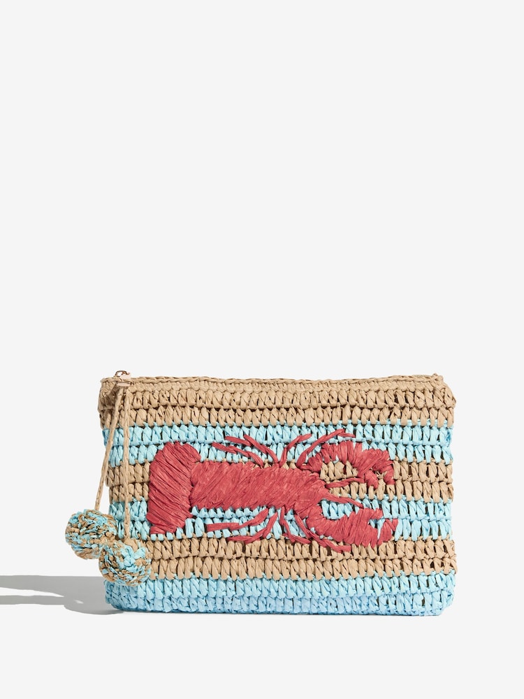Love & Roses Light Blue Lobster Embroidered Raffia Clutch Bag - Image 2 of 6
