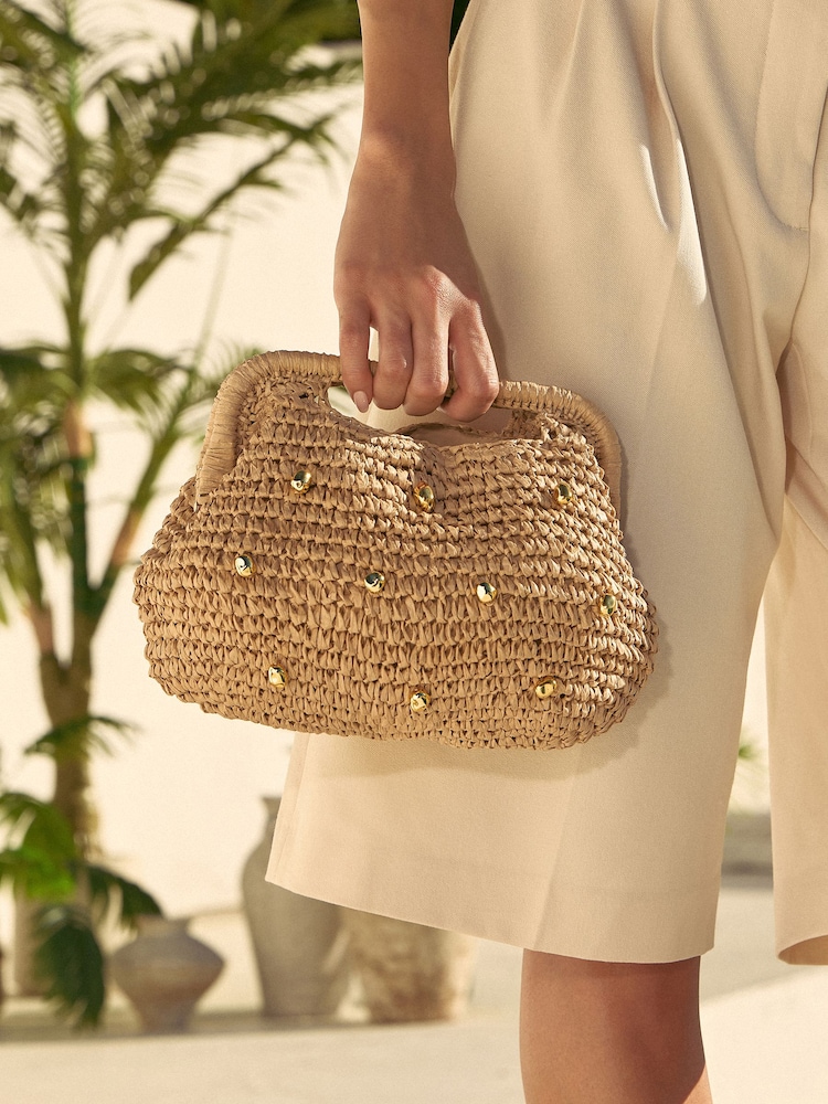 Love & Roses Natural Beaded Raffia Top Handle Clutch Bag - Image 1 of 7 Love & Roses Natural Beaded Raffia Top Handle Clutch Bag - Image 1 of 7