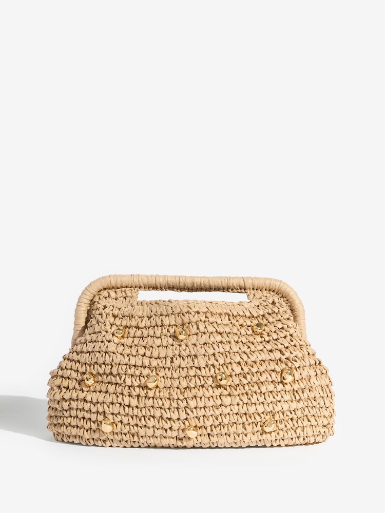 Love & Roses Natural Beaded Raffia Top Handle Clutch Bag - Image 2 of 7 Love & Roses Natural Beaded Raffia Top Handle Clutch Bag - Image 2 of 7