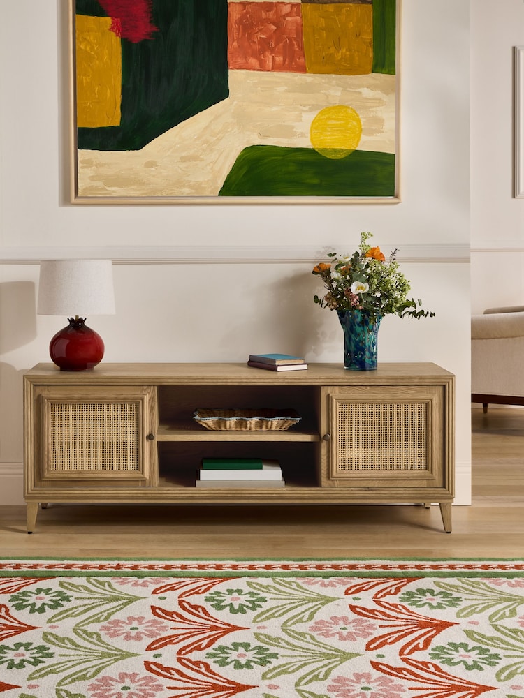 Nina Campbell Oak and Rattan Mason Up to 55 Inch Wide TV Unit - Image 1 of 10 Nina Campbell Oak and Rattan Mason Up to 55 Inch Wide TV Unit - Image 1 of 10