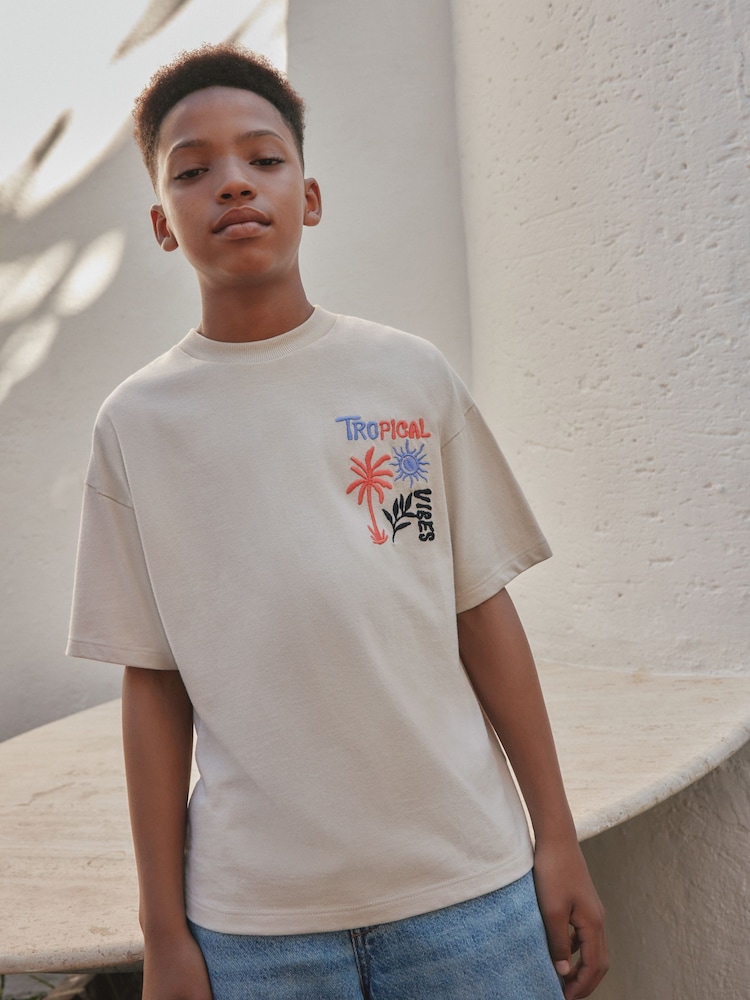 Stone Tropical Embroidery Short Sleeve Graphic T-Shirt (3-16yrs) - Image 1 of 8 Stone Tropical Embroidery Short Sleeve Graphic T-Shirt (3-16yrs) - Image 1 of 8