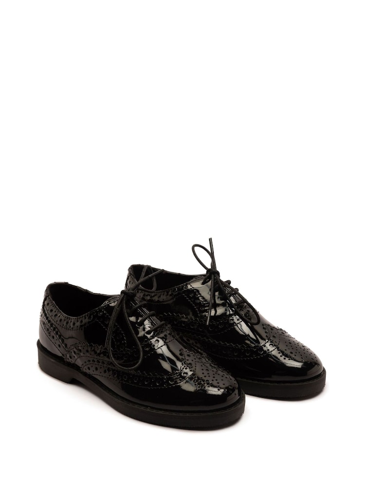 Off The Hook Black Beatrix Patent Brogue Leather Lace-Up School Shoes - Image 2 of 6 Off The Hook Black Beatrix Patent Brogue Leather Lace-Up School Shoes - Image 2 of 6