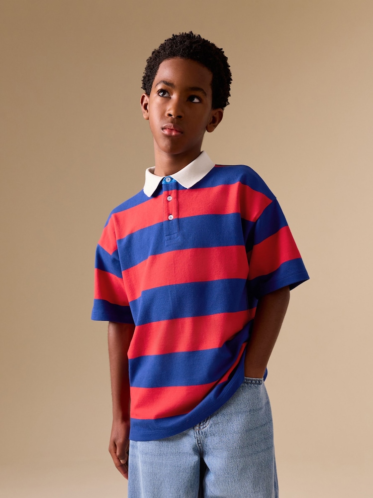 Red/Blue Relaxed Fit Stripe Short Sleeve Polo Shirt (3-16yrs) - Image 1 of 9