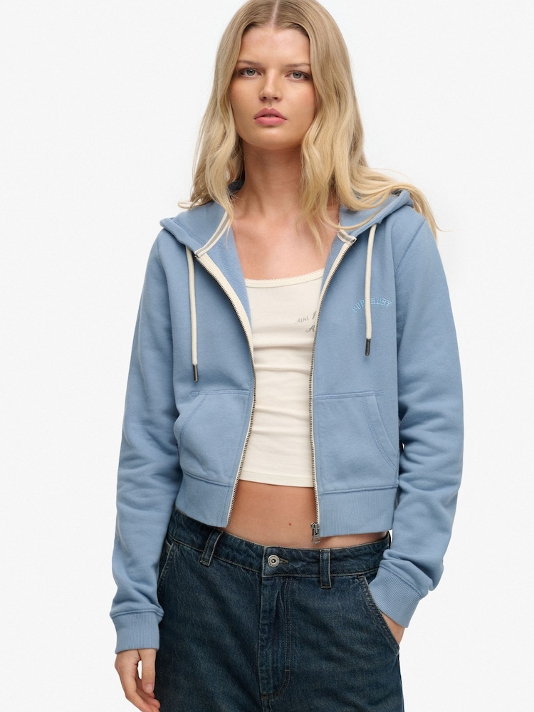 Superdry Blue Essential Logo Cropped Full Zip Hoodie - Image 1 of 7 Superdry Blue Essential Logo Cropped Full Zip Hoodie - Image 1 of 7