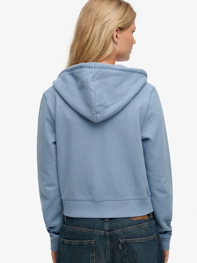 Superdry Blue Essential Logo Cropped Full Zip Hoodie - Image 2 of 7 Superdry Blue Essential Logo Cropped Full Zip Hoodie - Image 2 of 7