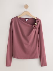 Mauve Purple Soft Touch Polyamide Asymmetric Hardware Long Sleeve Top - Image 7 of 9