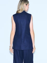 Navy Linen Rich Longline Sleeveless Blazer - Image 4 of 5