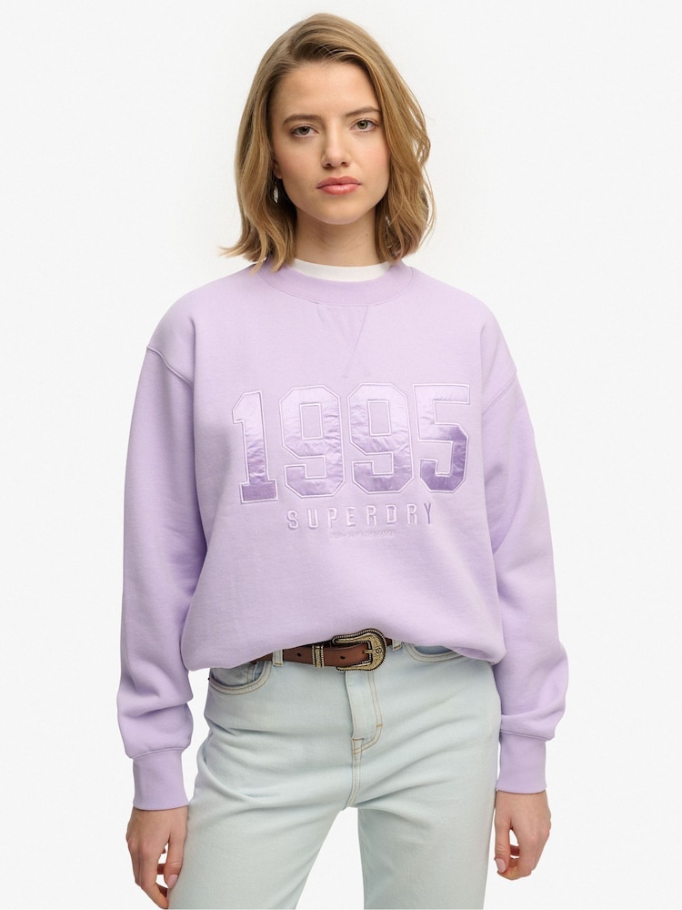 Superdry Purple Varsity Satin Applique Crew Neck Sweat Tops - Image 1 of 6