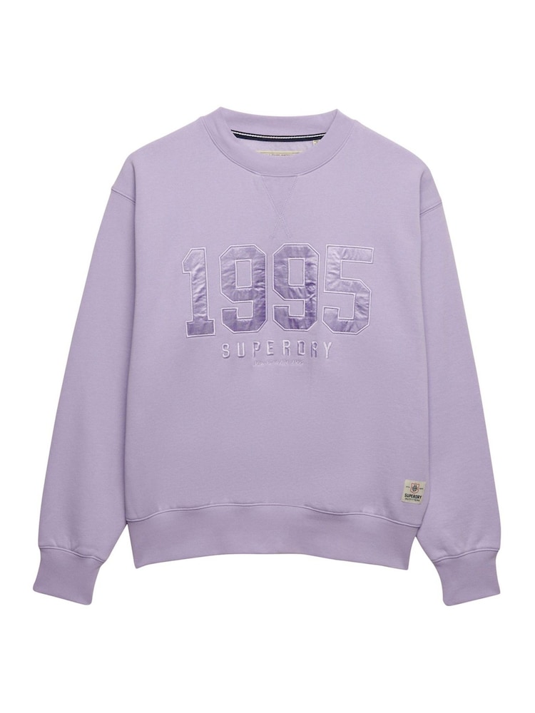 Superdry Purple Varsity Satin Applique Crew Neck Sweat Tops - Image 6 of 6