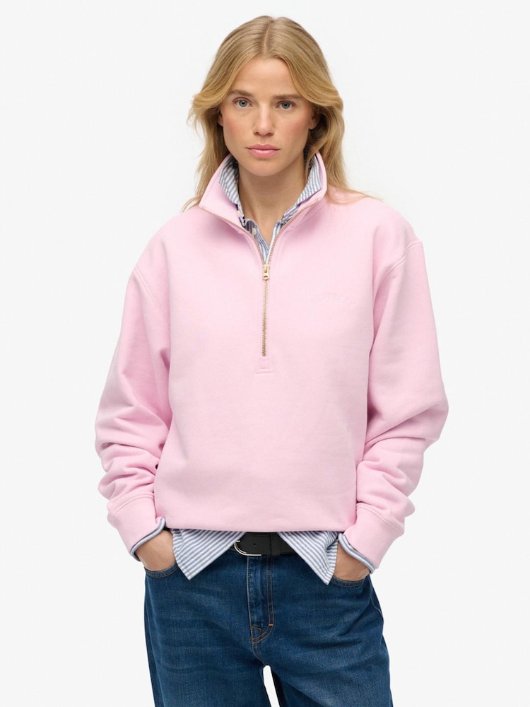 Superdry Pink Essential Logo Embroidery Half Zip Sweat Top - Image 1 of 5