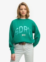 Superdry Green Varsity Satin Appliqué Crew Neck Sweat Top - Image 1 of 6