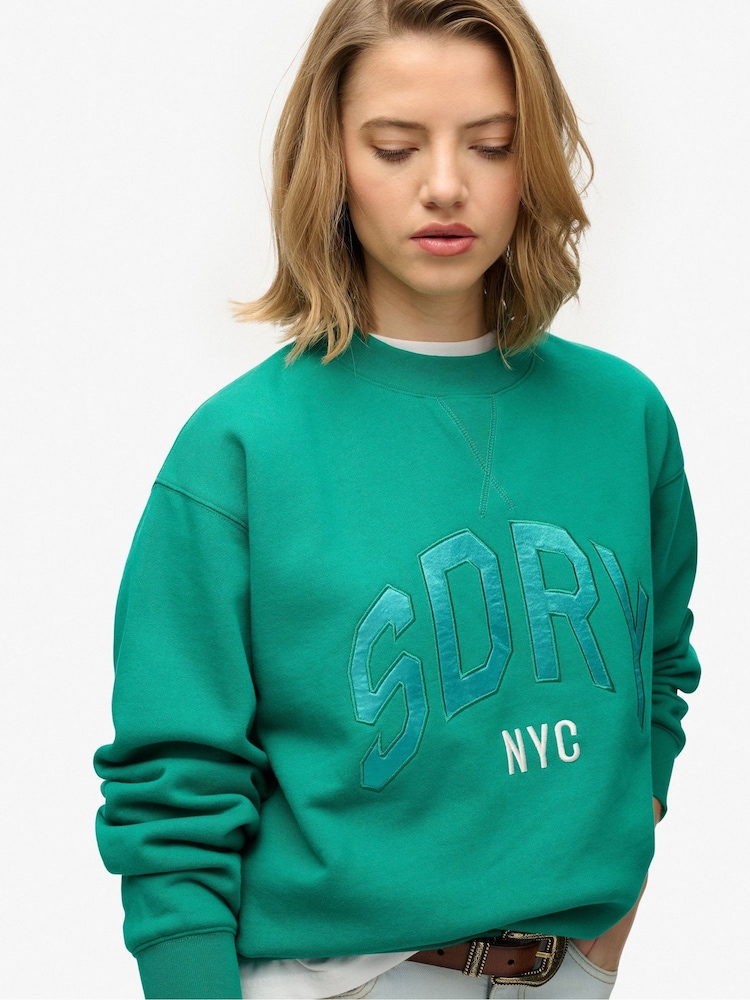Superdry Green Varsity Satin Appliqué Crew Neck Sweat Top - Image 1 of 6