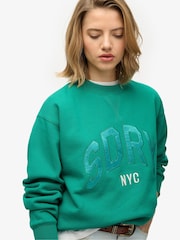 Superdry Green Varsity Satin Appliqué Crew Neck Sweat Top - Image 3 of 6