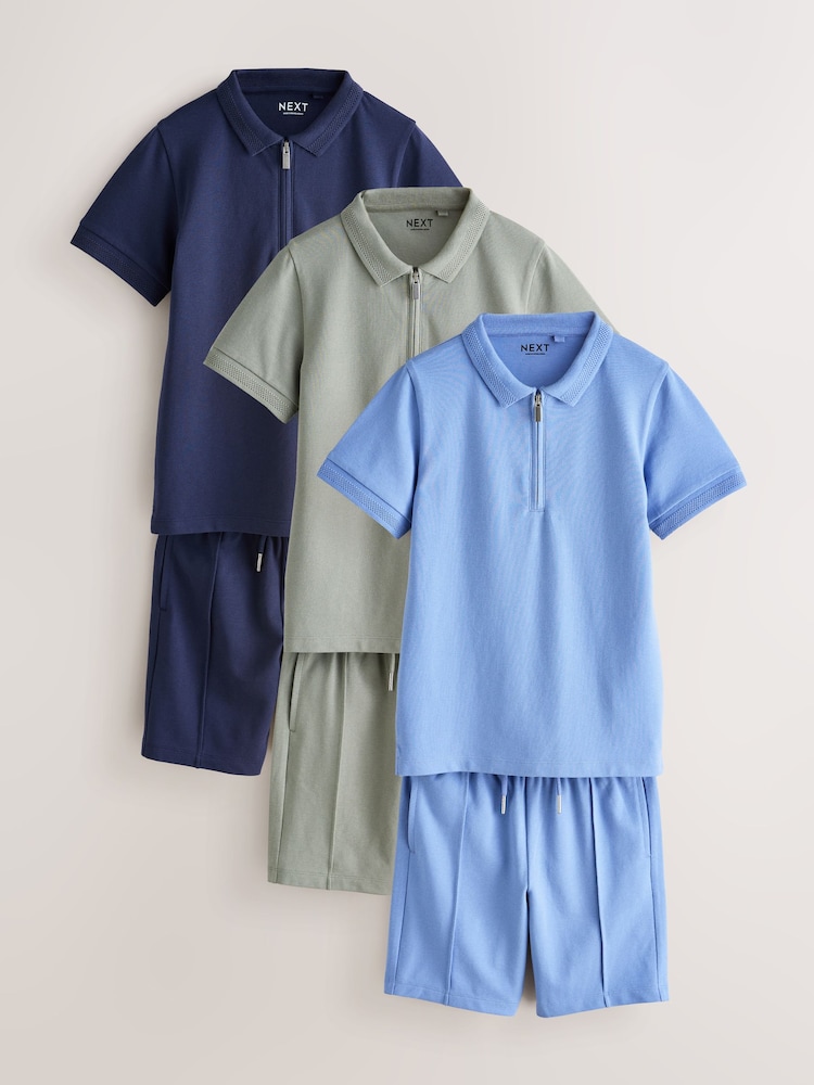 Light Blue/Navy/Khaki Short Sleeve Polo Shirt and Shorts Set 3 Pack (3-16yrs) - Image 1 of 8