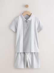 Grey and White Colourblock Short Sleeve Polo Shirt and Shorts Set (3-16yrs) - Image 1 of 5