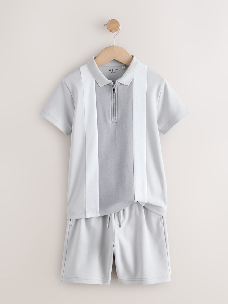 Grey and White Colourblock Short Sleeve Polo Shirt and Shorts Set (3-16yrs) - Image 2 of 5