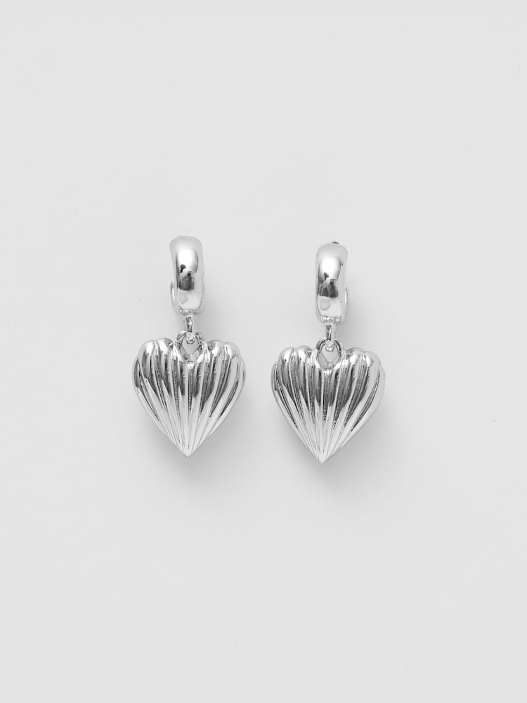 Mood Silver Polished Ridged Heart Huggie Earrings - Image 2 of 4 Mood Silver Polished Ridged Heart Huggie Earrings - Image 2 of 4