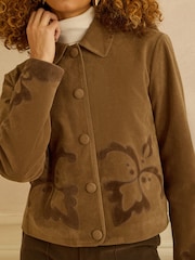Love & Roses Tan Brown Applique Petite Suedette Collared Swing Jacket - Image 5 of 5