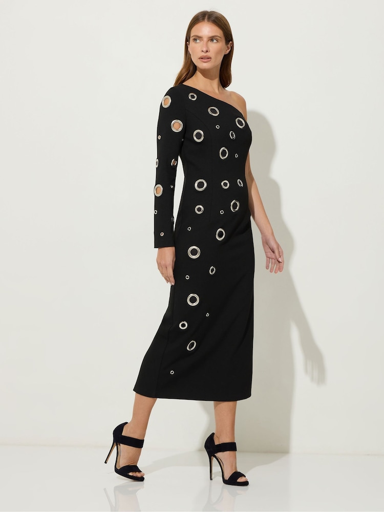 Star by Julien MacDonald Black Eyelet One Shoulder Dress - Image 2 of 5 Star by Julien MacDonald Black Eyelet One Shoulder Dress - Image 2 of 5