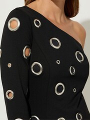 Star by Julien MacDonald Black Eyelet One Shoulder Dress - Image 4 of 5