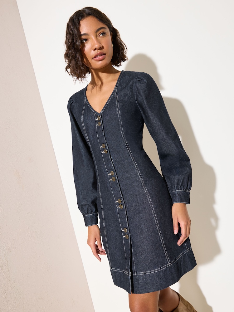 Friends Like These V-Neck Puff Sleeved Denim Mini Dress - Obraz 2 z 5