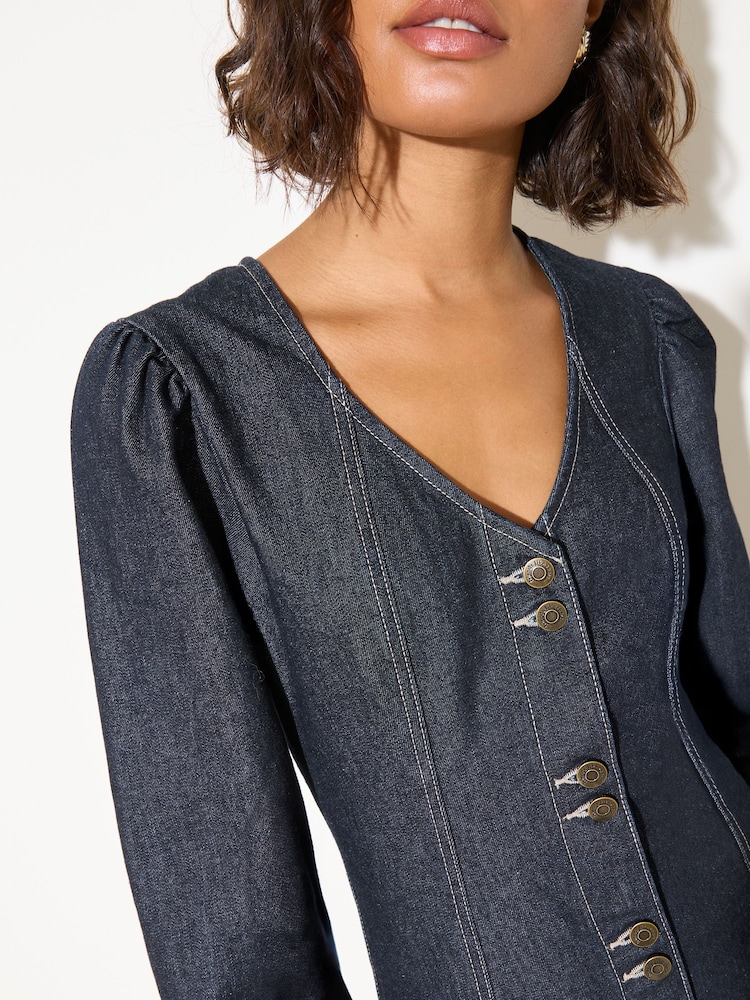 Friends Like These V-Neck Puff Sleeved Denim Mini Dress - Obraz 5 z 5