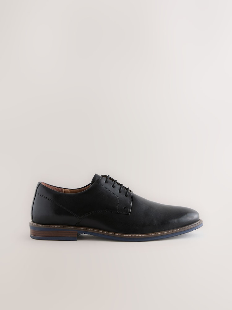 Black Standard Fit Derby Shoes with Navy Contrast Sole - Image 2 of 5