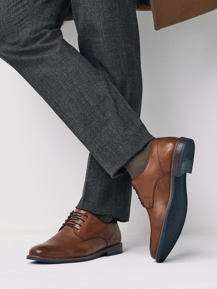 Tan Brown Wide Fit Derby Shoes with Navy Contrast Sole - Image 1 of 6