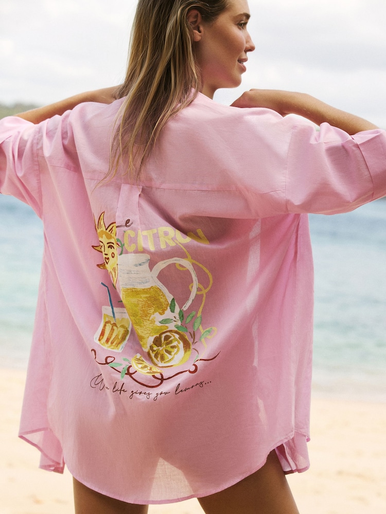 Friends Like These Pink Button Up Beach Cover-Up Shirt - Image 1 of 4