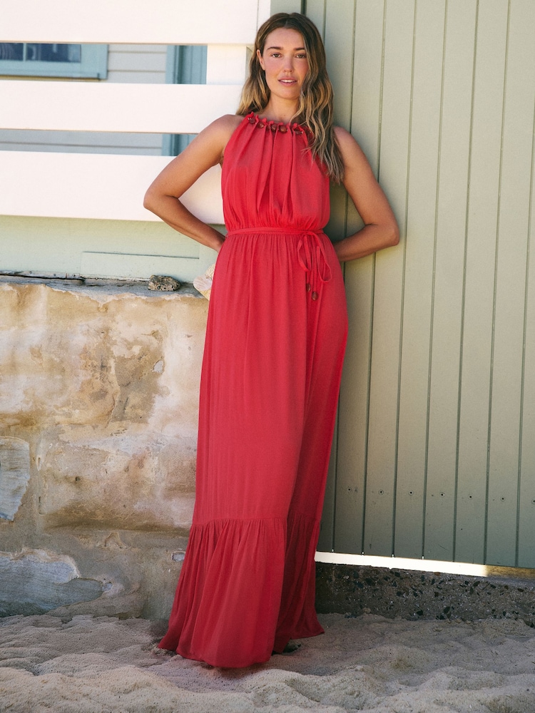 Friends Like These Coral Pink Beaded Neck Sleeveless Maxi Dress Beach Cover-Up - Image 1 of 2