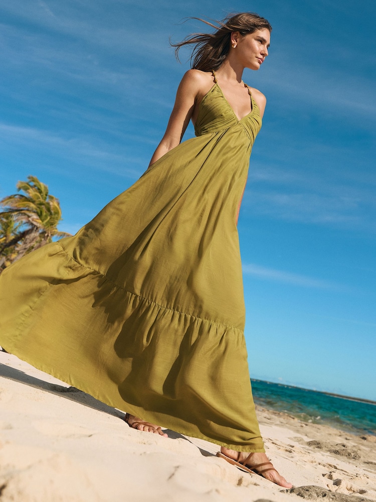Friends Like These Light Green Beaded Halter Neck Maxi Dress - Image 1 of 4 Friends Like These Light Green Beaded Halter Neck Maxi Dress - Image 1 of 4