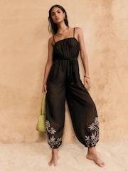 Friends Like These Chocolate Brown Embroidery Tie Waist Jumpsuit - Image 1 of 8