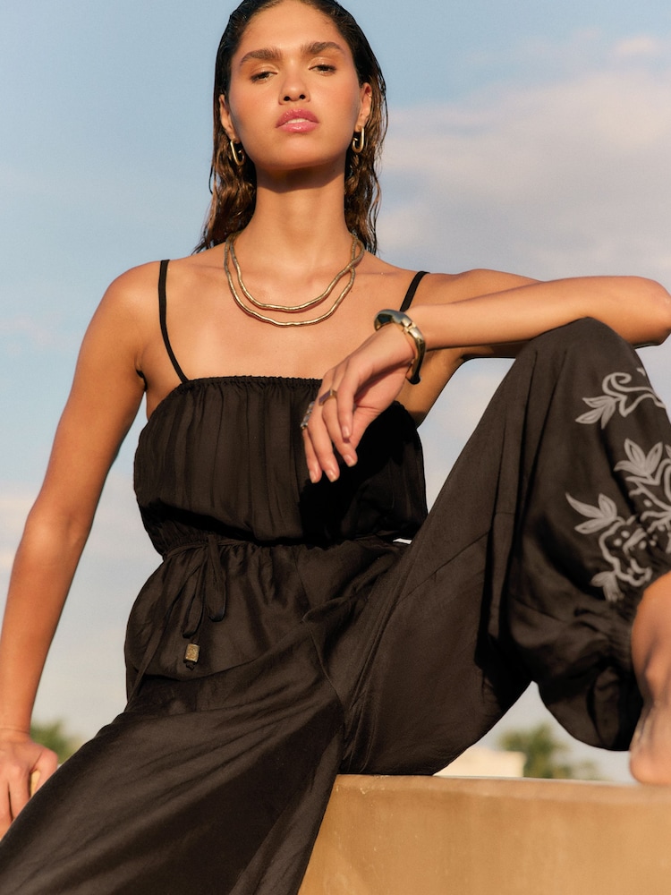 Friends Like These Chocolate Brown Embroidery Tie Waist Jumpsuit - Image 2 of 8