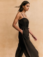 Friends Like These Chocolate Brown Embroidery Tie Waist Jumpsuit - Image 3 of 8