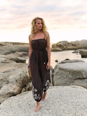 Friends Like These Chocolate Brown Embroidery Tie Waist Jumpsuit - Image 6 of 8